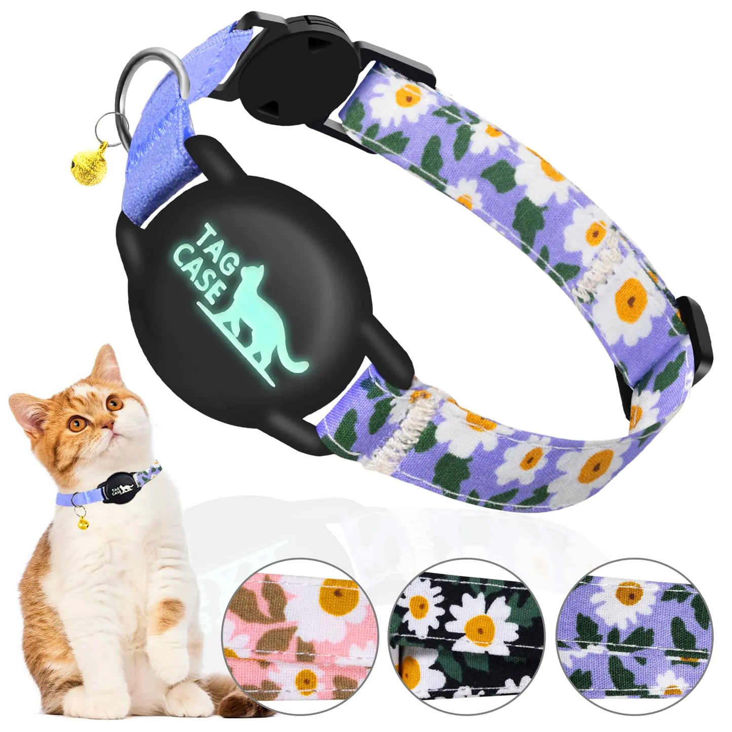 AirTag Cat Collar - Reflective & Luminous Cat Collar with Bells & Waterproof AirTag HolderSafety Elastic Band & Breakaway Cat Tracker Collars for Girl Boy Cats Kittens Puppies [Prints Blue S]