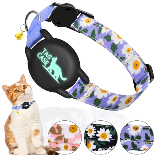 AirTag Cat Collar - Reflective & Luminous Cat Collar with Bells & Waterproof AirTag HolderSafety Elastic Band & Breakaway Cat Tracker Collars for Girl Boy Cats Kittens Puppies [Prints Blue S]