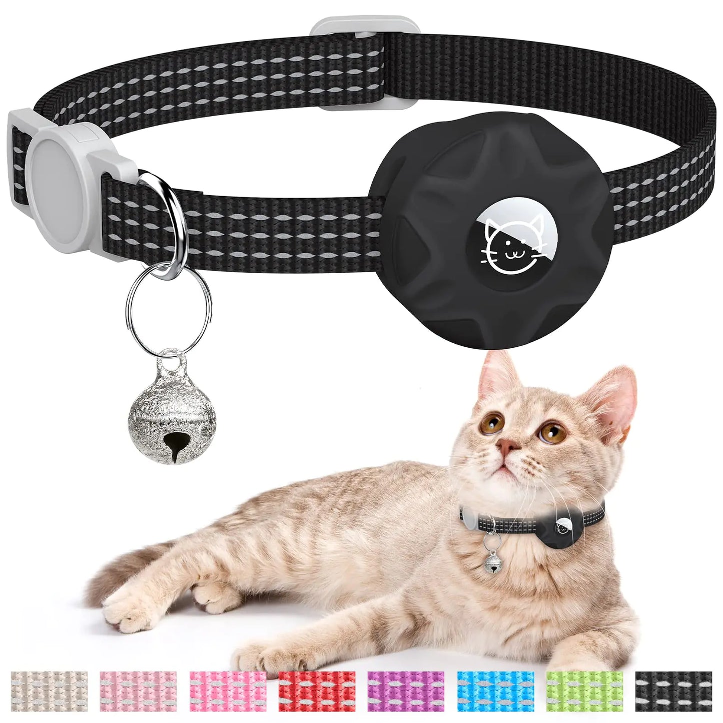 AirTag Cat Collar Reflective Kitten Collar Breakaway Apple Air Tag Cat Collar GPS Cat Collar with AirTag Holder and Bell Lightweight Tracker Cat Collars for Girl Boy Cats Kittens Puppies(Black)