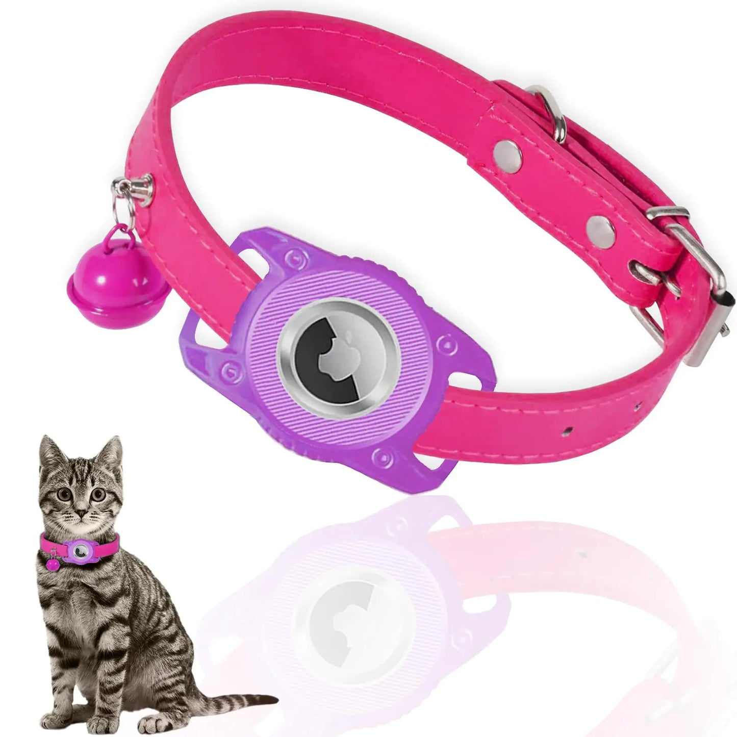 Water-Resistant Leather Airtag Cat Collar with Bell (Pink)